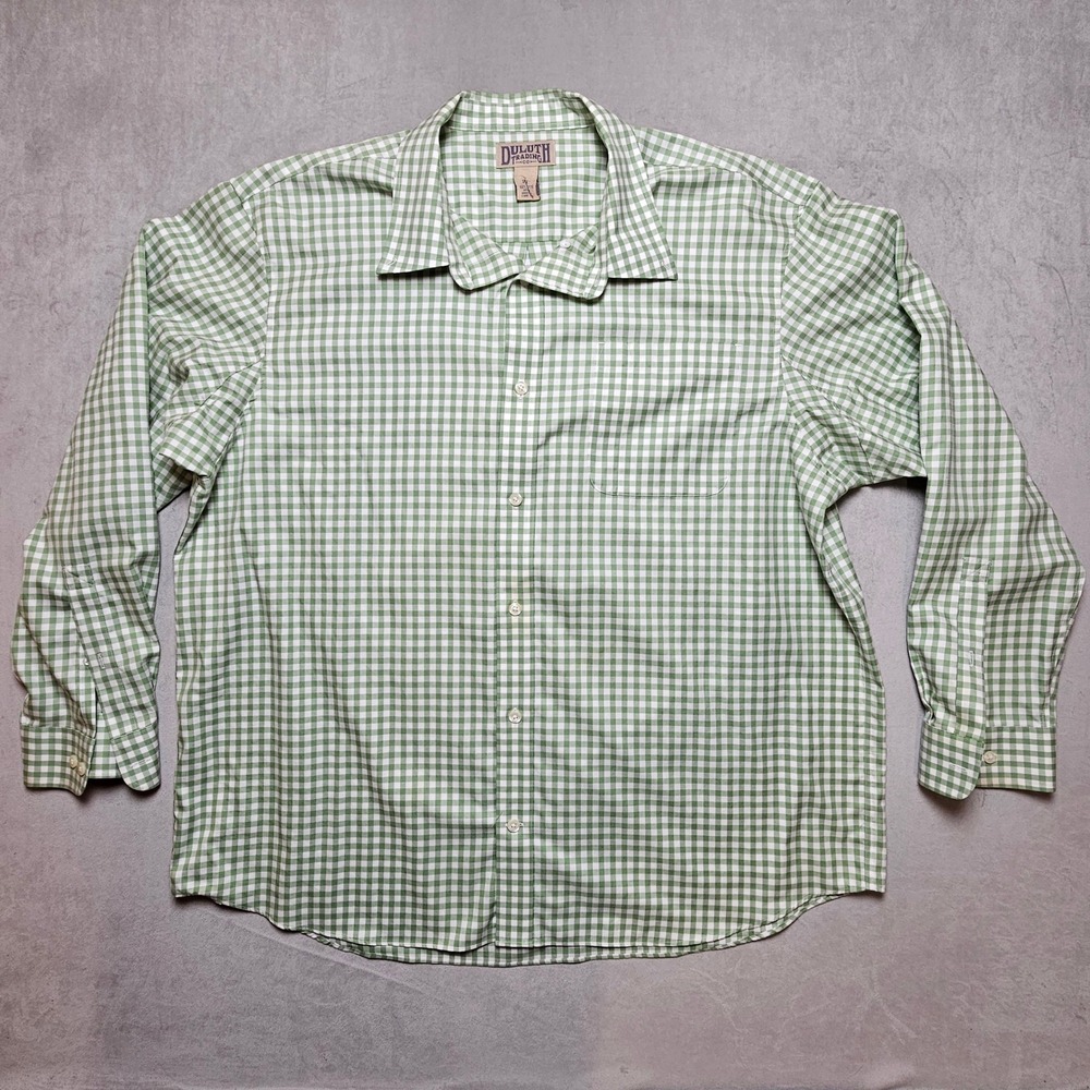Duluth Trading Co Mens Green White Gingham Plaid Button Down Shirt‎ 2XL